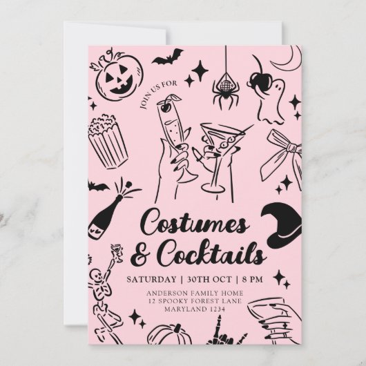Roze Hand getrokken Halloween Kostuum Party Uitnod Kaart (Voorkant)