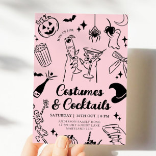 Roze Hand getrokken Halloween Kostuum Party Uitnod Kaart