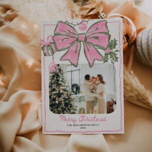 Roze Hand getrokken Kerst Familiefoto Feestdagenkaart