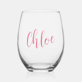 Roze handgeschreven naam vrijgezellenfeest bruidsf wijnglas zonder voet (Voorkant)