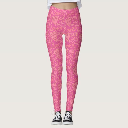 roze handgetekend hartpatroon leggings (Voorkant)