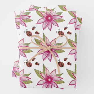 Roze handgetekende Spring Flower Ladybugs Inpakpapier Vel