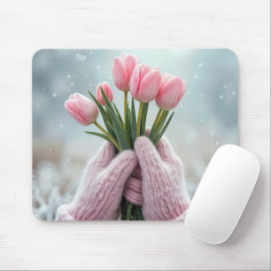 Roze handschoenen met tulpenbos muismat