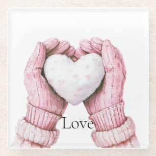 Roze handschoenen Witte Hart Liefde Glazen Onderzetter