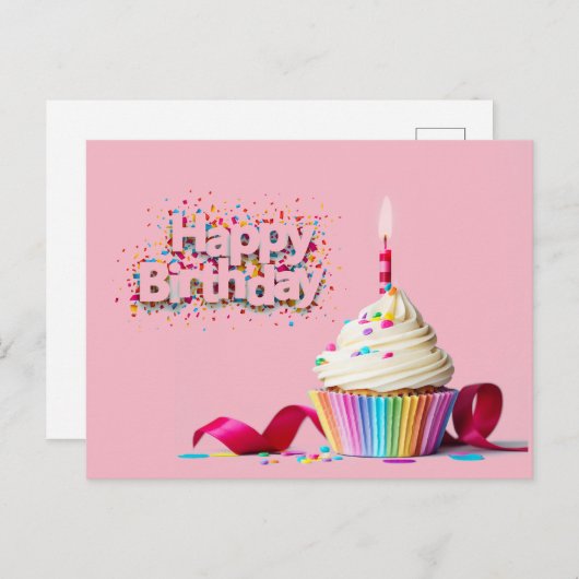 Roze Happy Birthday Cupcake Briefkaart (Voorkant / Achterkant)