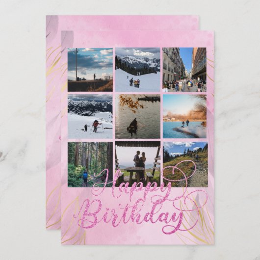 Roze Happy Birthday Custom Foto Flat Kaart (Voorkant / Achterkant)