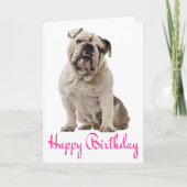 Roze Happy Birthday Engelse Bulldog Puppy Dog Kaar Kaart (Voorkant)