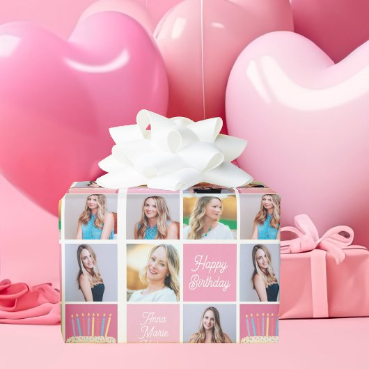 Roze Happy Birthday Girl Foto Collage Teen Cadeaupapier