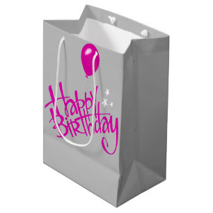 Roze Happy Birthday op grijs Medium Cadeauzakje