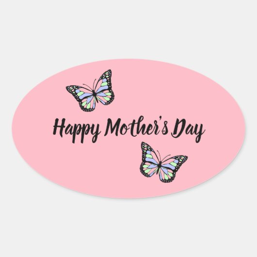 Roze Happy Moederdag Butterfly Ovale Sticker (Voorkant)