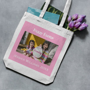 Roze Happy Pasen Aangepaste naam Foto Cute Egg Hun Tote Bag