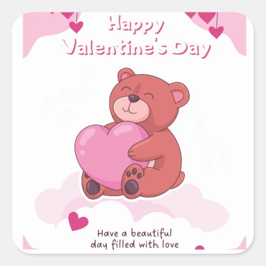 Roze Happy Valentijnsdag Vierkante Sticker (Voorkant)