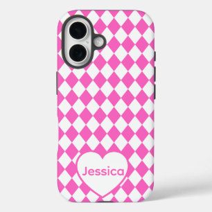 Roze Harlekijnpatroon Persoonlijke Naam iPhone 16 Hoesje