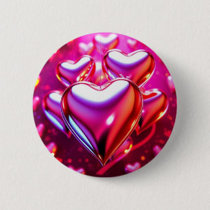 Roze hart, 3D-hart, metaalachtig, glanzend, liefde Ronde Button 5,7 Cm