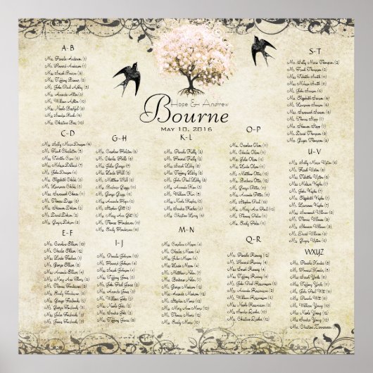 Roze Hart Boom - 100 tot 150 gasten - alfabetisch Poster (Voorkant)