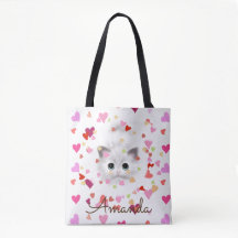 Roze Hart Confetti Wit Kitten Canvas tas