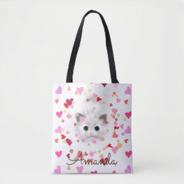 Roze Hart Confetti Wit Kitten Canvas tas