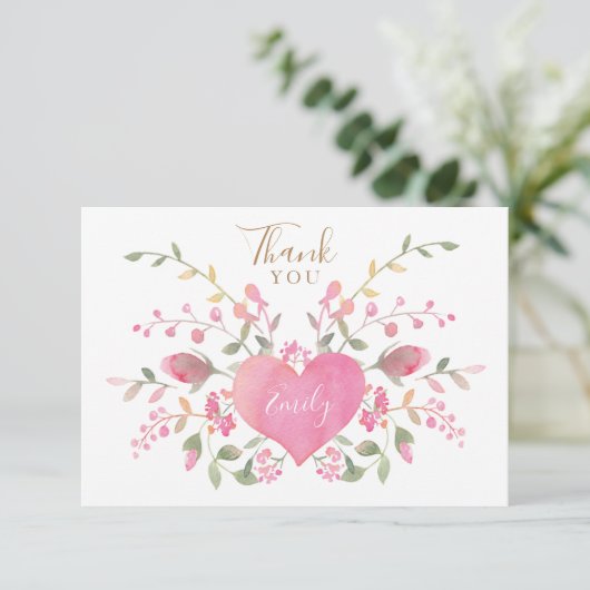 Roze Hart en Bloemen Bruidsfeest Bedankkaart (Staand voorkant)