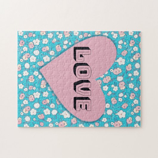 Roze hart en bloemen houden van puzzle legpuzzel (Horizontaal)