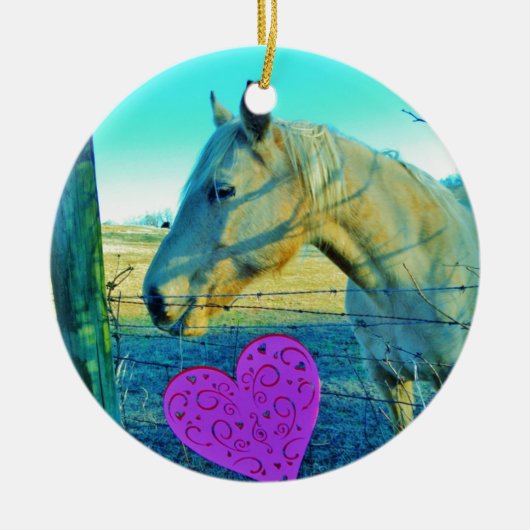 Roze hart en gele paarden keramisch ornament (Voorkant)