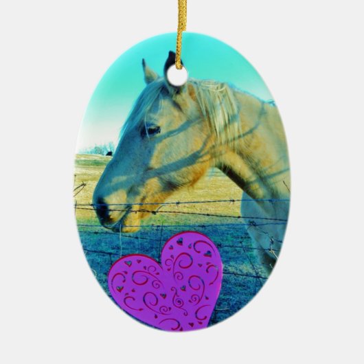 Roze hart en gele paarden keramisch ornament (Voorkant)