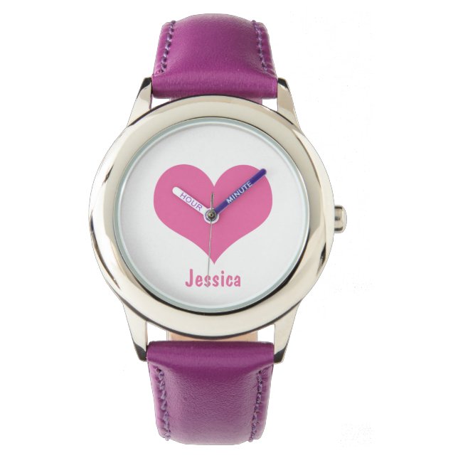 Roze Hart Gepersonaliseerde Kinder Naam Horloge (Voorkant)