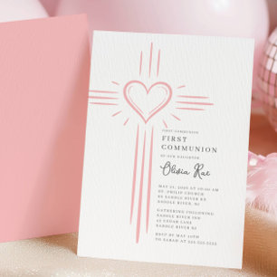 Roze Hart Kruis Eerste Communie Uitnodiging