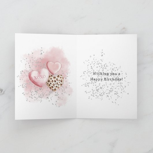 Roze Hart Luipaard Cupcake Confetti Verjaardag Kaart (Binnen)