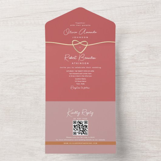 Roze Hart Romantische bruiloft All In One Uitnodiging (Binnen)