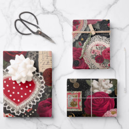 Roze Hart Roos Bloemen Vintage Inpakken Inpakpapier Vel