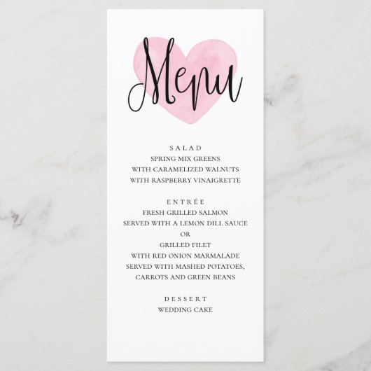 Roze hart trouwmenu. Romantisch modern diner Menu (Voorkant)