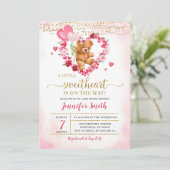 Roze Hart Valentijn Beer Baby Shower Uitnodiging (Staand voorkant)