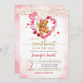 Roze Hart Valentijn Beer Baby Shower Uitnodiging (Voorkant / Achterkant)