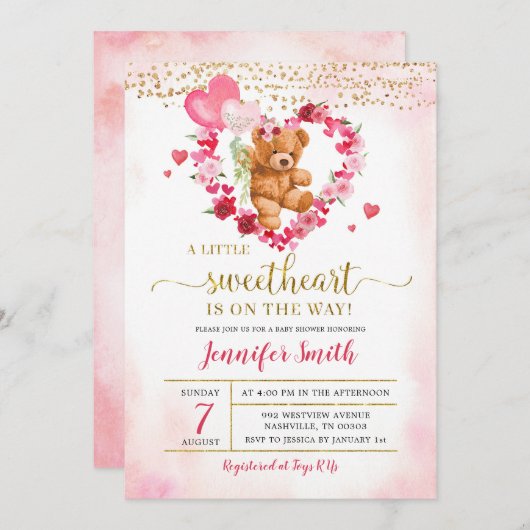 Roze Hart Valentijn Beer Baby Shower Uitnodiging (Voorkant / Achterkant)