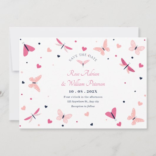 Roze hart vlinder bruiloft save the date (Voorkant)