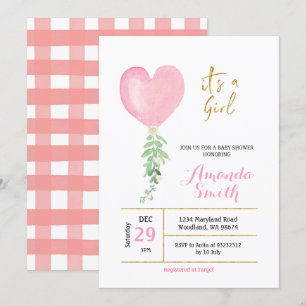Roze Hart Waterverf Ballon Meisje Baby shower Kaart