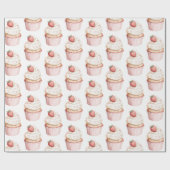 Roze Harten Aardbei Cupcake   Cadeaupapier (Vlak)