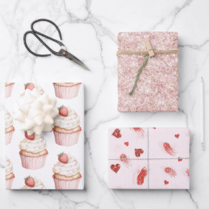 Roze Harten Aardbei Cupcake Inpakpapier Vel
