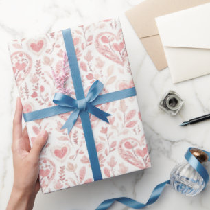 Roze Harten Bloemrijke Liefde Bruidsdouche Cadeaupapier