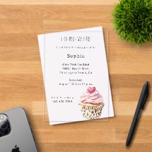 Roze Harten Cupcake Luipaard Verjaardag Acryl Uitnodigingen