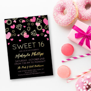 Roze harten en gouden Pareltjes Sweet 16 Folie Uitnodiging