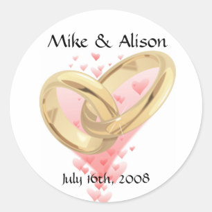 Roze Harten & Gouden Ringen Trouwstickers Ronde Sticker