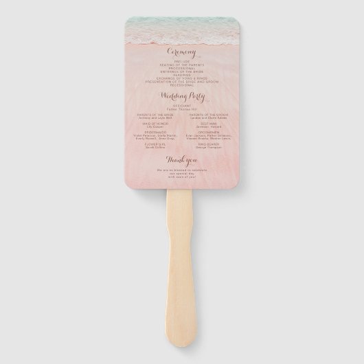 Roze harten in het zand strand bruiloft programma handwaaier (Achterkant)