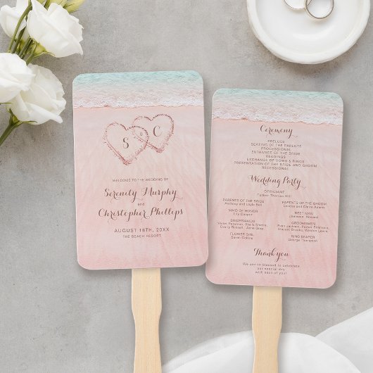 Roze harten in het zand strand bruiloft programma handwaaier
