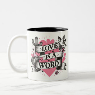 Roze harten liefde is een woord succulent duiven tweekleurige koffiemok
