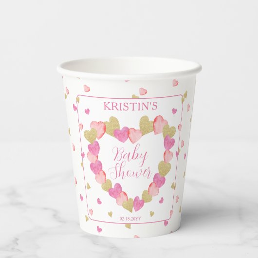 Roze harten met een klein Baby shower Papieren Bekers (Achterkant)