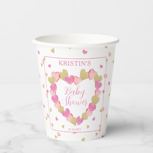 Roze harten met een klein Baby shower Papieren Bekers (Voorkant)