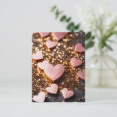 Roze harten op gouden glitter grond Valentijns's Briefkaart (Staand voorkant)
