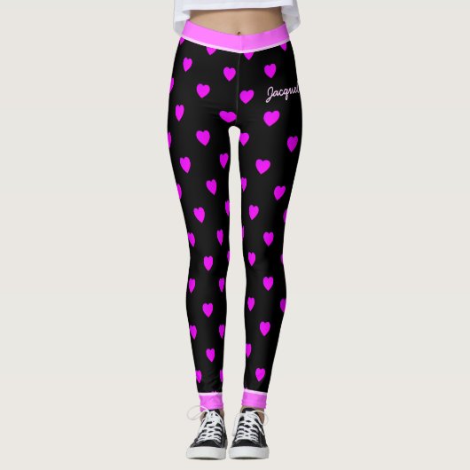  Roze Harten op ZWART Leggings (Voorkant)