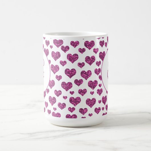 Roze Harten Patroon Elegant Monogram Custom Koffiemok (Center)